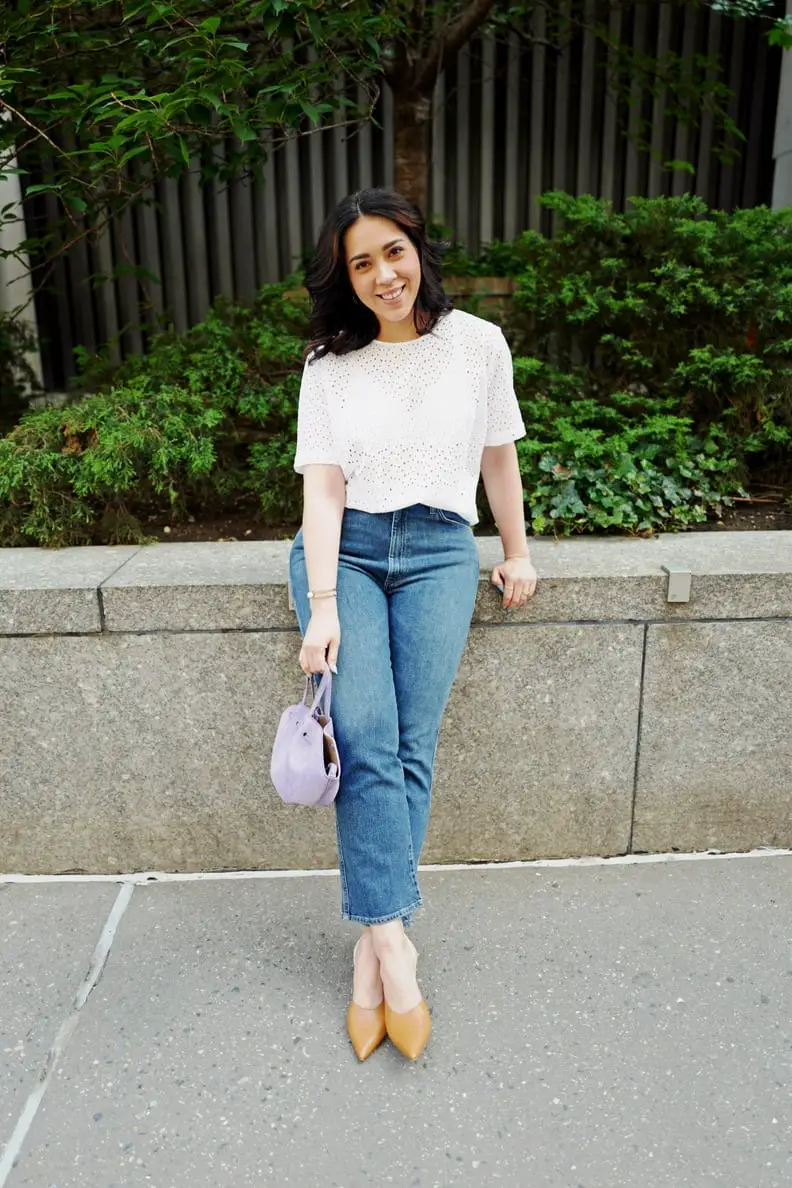 Eyelet T-Shirt with Straight-Leg Jeans and Tan Heels Eyelet T-Shirt with Straight-Leg Jeans and Tan Heels — Simple Outfits for Curvy