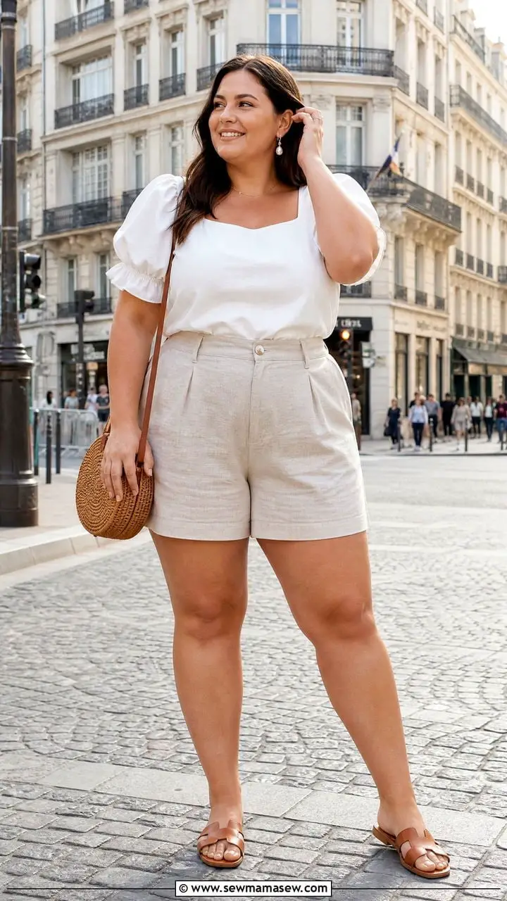 White Puff-Sleeve Top and Linen-Blend Shorts for Summer White Puff-Sleeve Top and Linen-Blend Shorts for Summer — Simple Outfits for Curvy