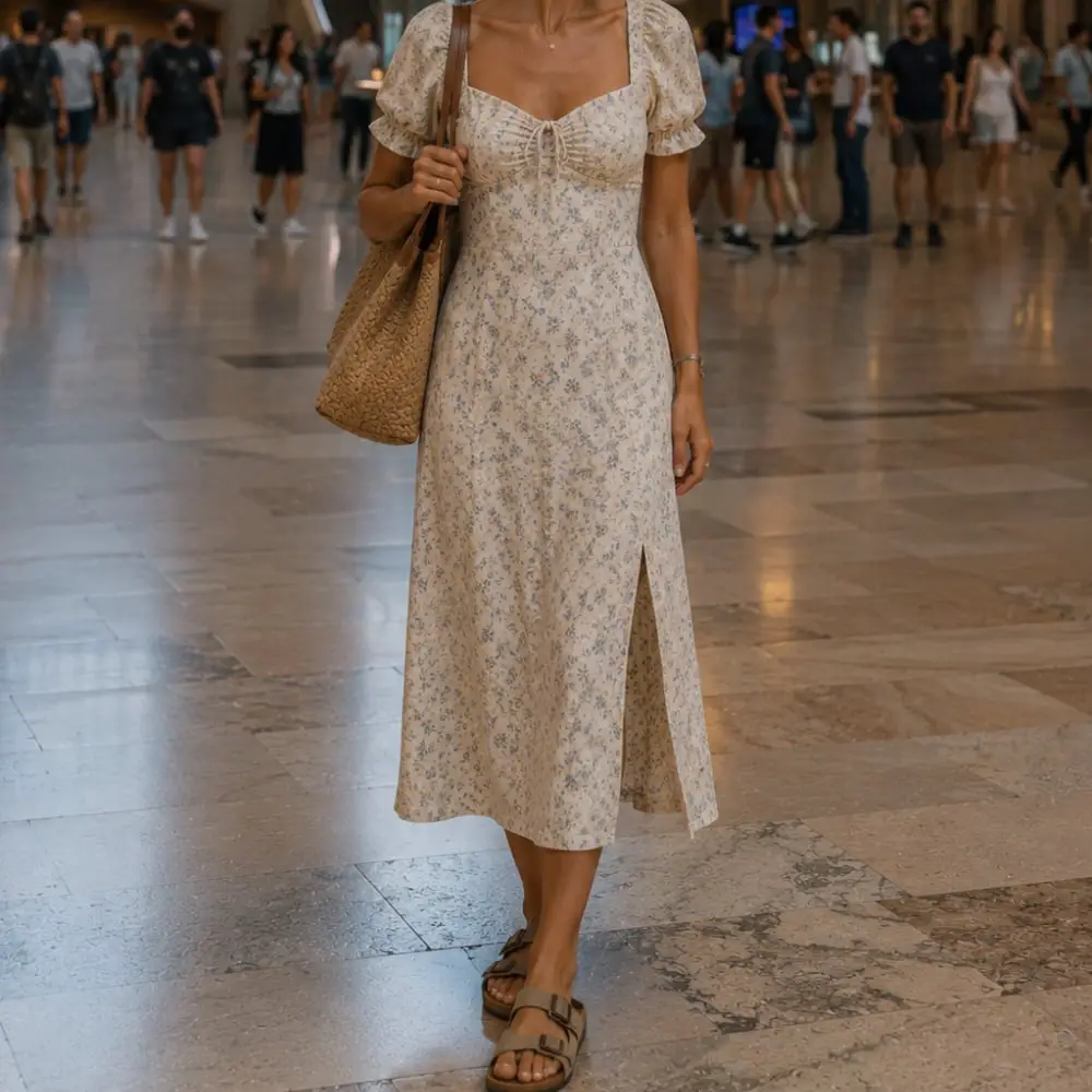 Cream Floral Midi Dress With Tan Birkenstock Sandals Cream Floral Midi Dress With Tan Birkenstock Sandals — Simple Outfits with Birkenstocks