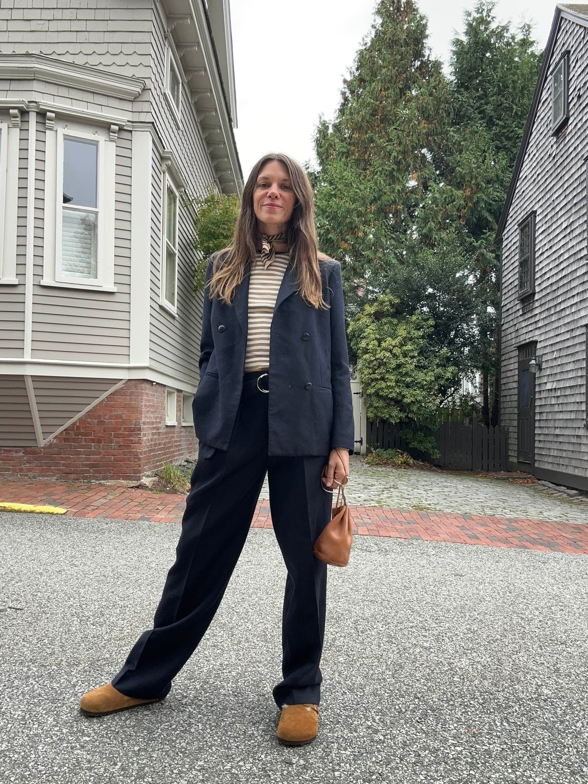 Navy Blazer With Striped Shirt And Brown Suede Clogs Navy Blazer With Striped Shirt And Brown Suede Clogs — Simple Outfits with Birkenstocks