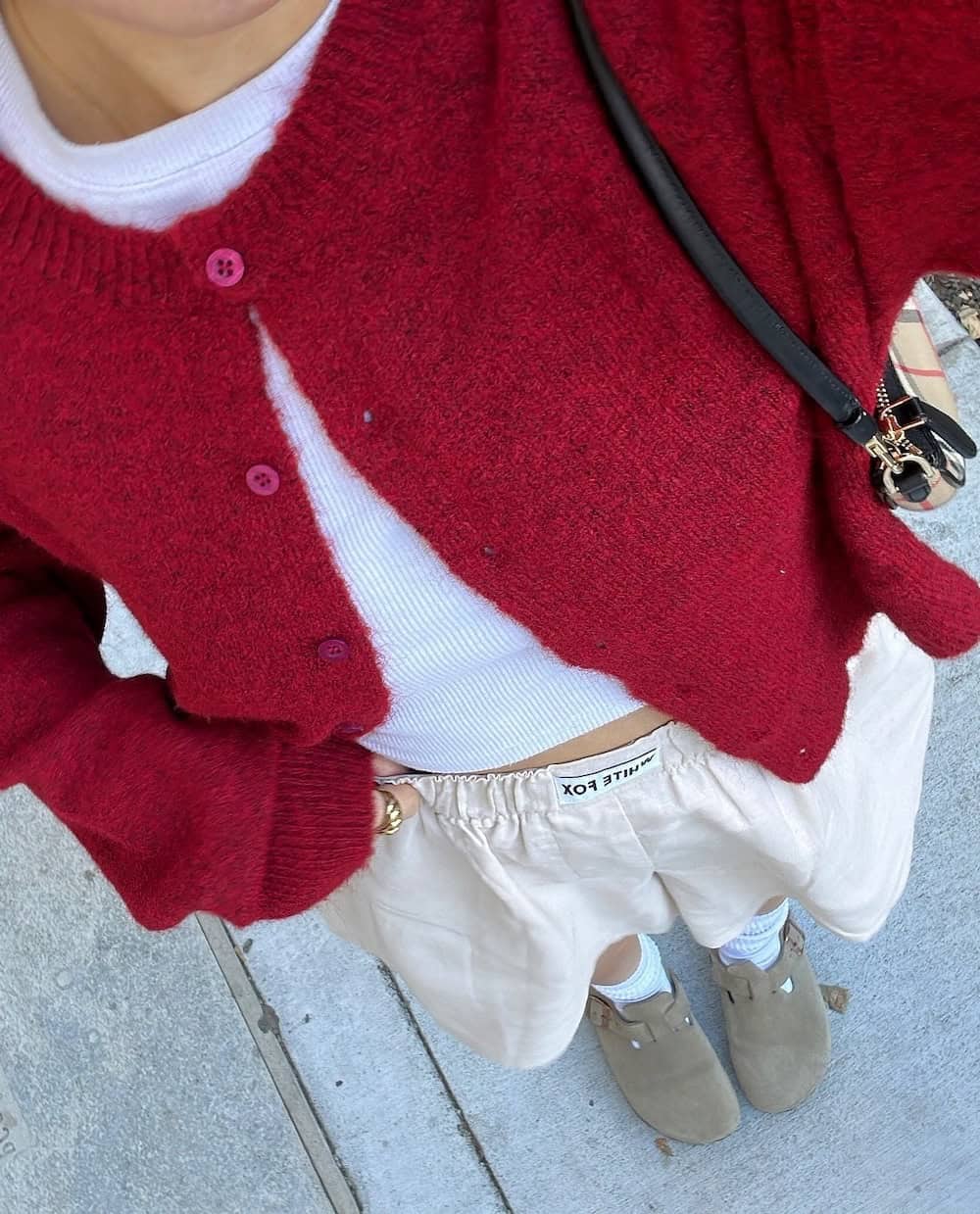 Red Cardigan Cream Shorts And Gray Clogs Red Cardigan Cream Shorts And Gray Clogs — Simple Outfits with Birkenstocks