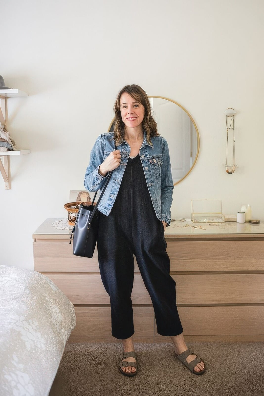 Dark Gray Jumpsuit Blue Denim Jacket And Beige Birkenstocks Dark Gray Jumpsuit Blue Denim Jacket And Beige Birkenstocks — Simple Outfits with Birkenstocks