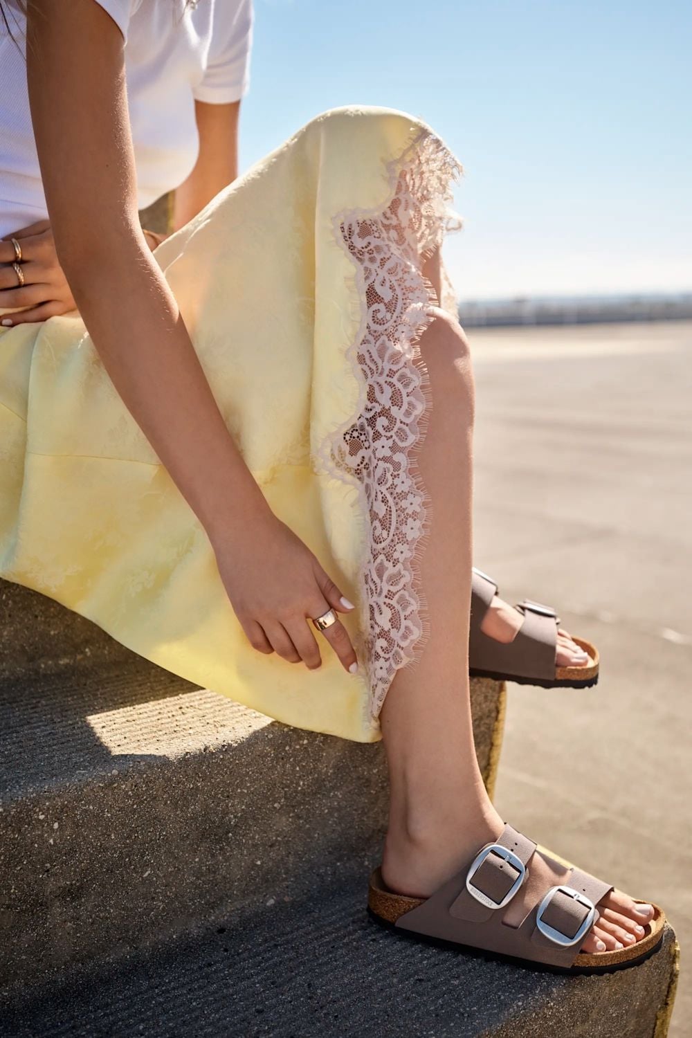 Yellow Jacquard Skirt With White T-Shirt And Taupe Birkenstocks Yellow Jacquard Skirt With White T-Shirt And Taupe Birkenstocks — Simple Outfits with Birkenstocks