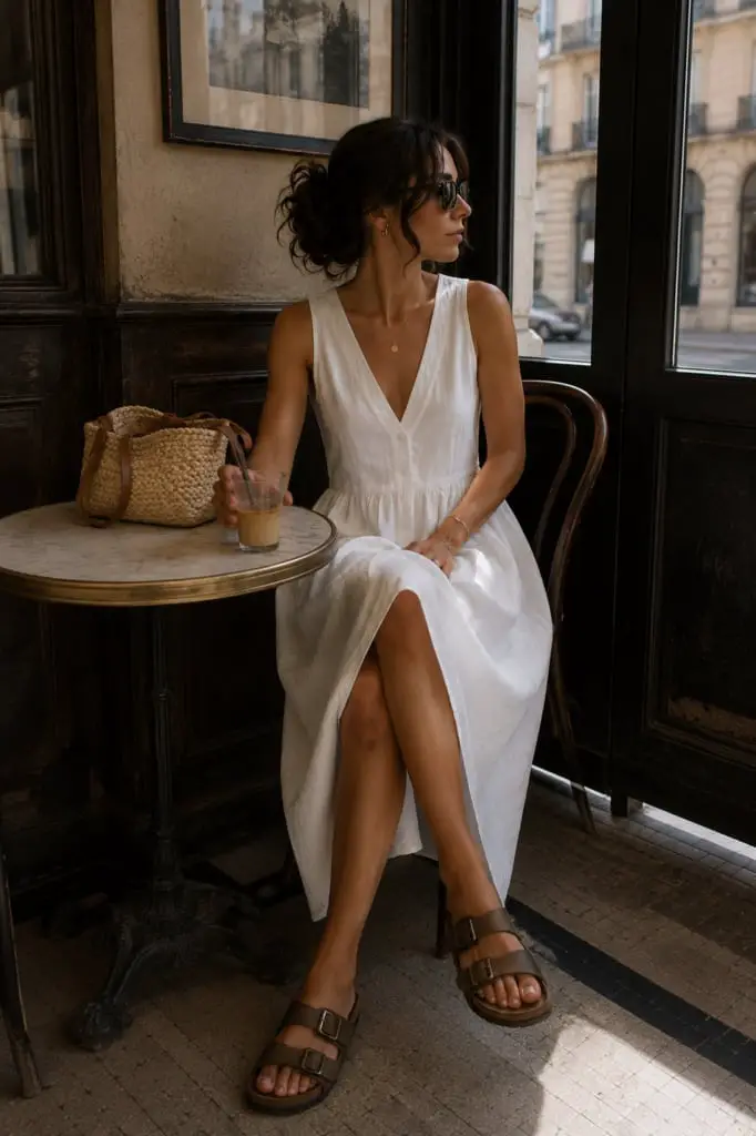White Linen Dress With Brown Leather Birkenstocks White Linen Dress With Brown Leather Birkenstocks — Simple Outfits with Birkenstocks