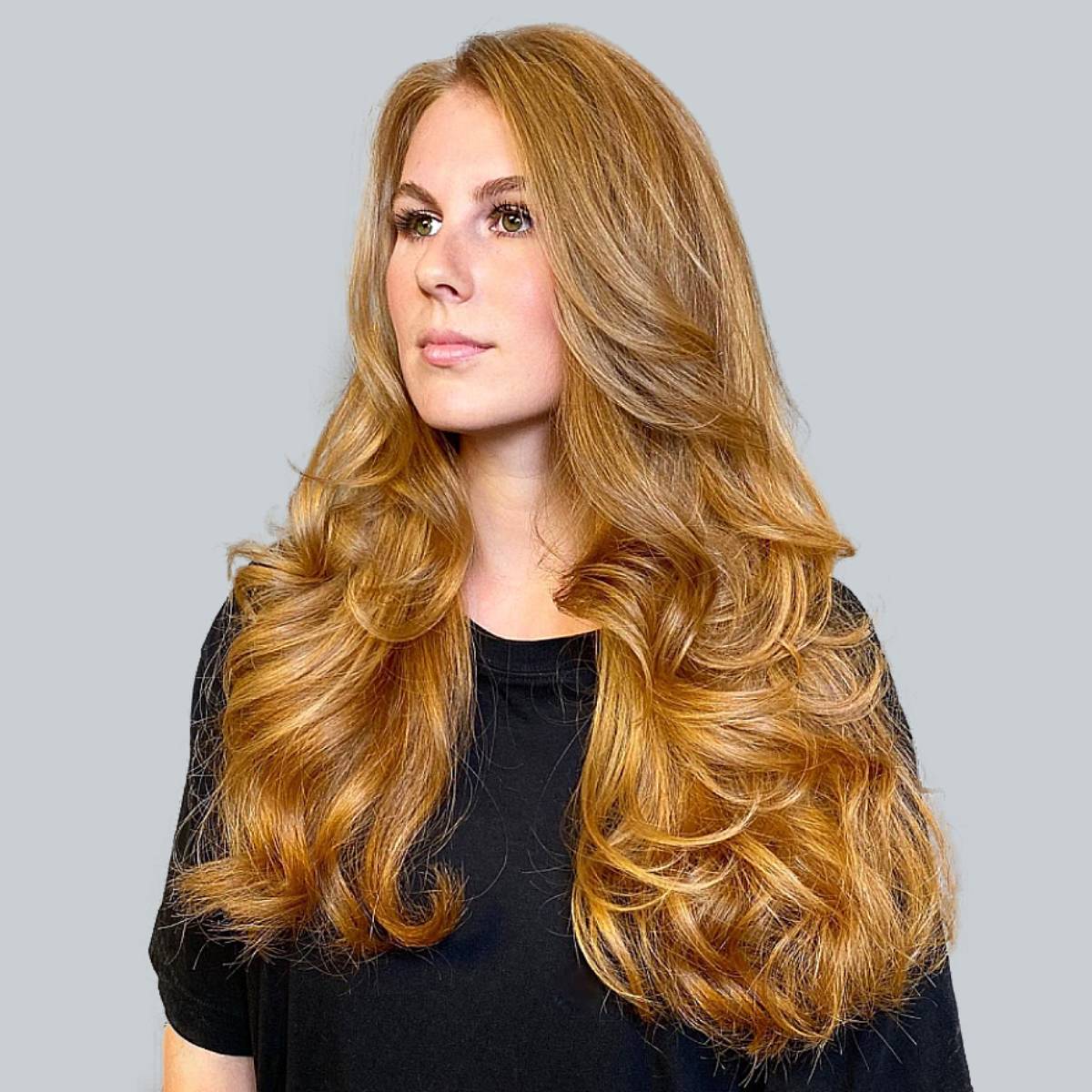 Long Voluminous Copper Blonde Curls Long Voluminous Copper Blonde Curls — Simple Oval Face Haircuts