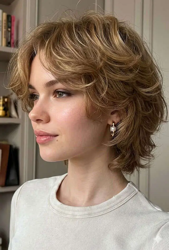 Honey Blonde Shag With Curtain Bangs Honey Blonde Shag With Curtain Bangs — Simple Oval Face Haircuts