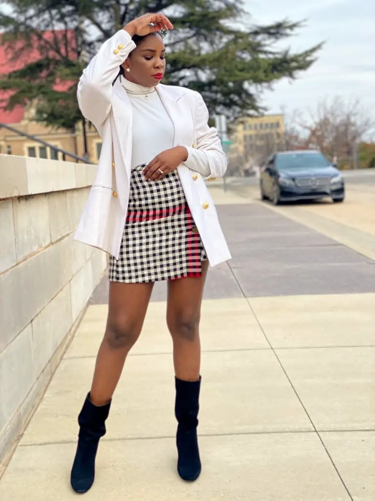 Cream Oversized Blazer With Gold Buttons And Plaid Skirt — Simple Oversized Blazer Outfits