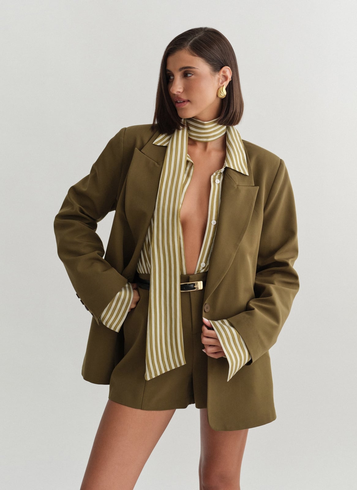 Olive Green Oversized Blazer With Matching Shorts And Striped Shirt — Simple Oversized Blazer Outfits