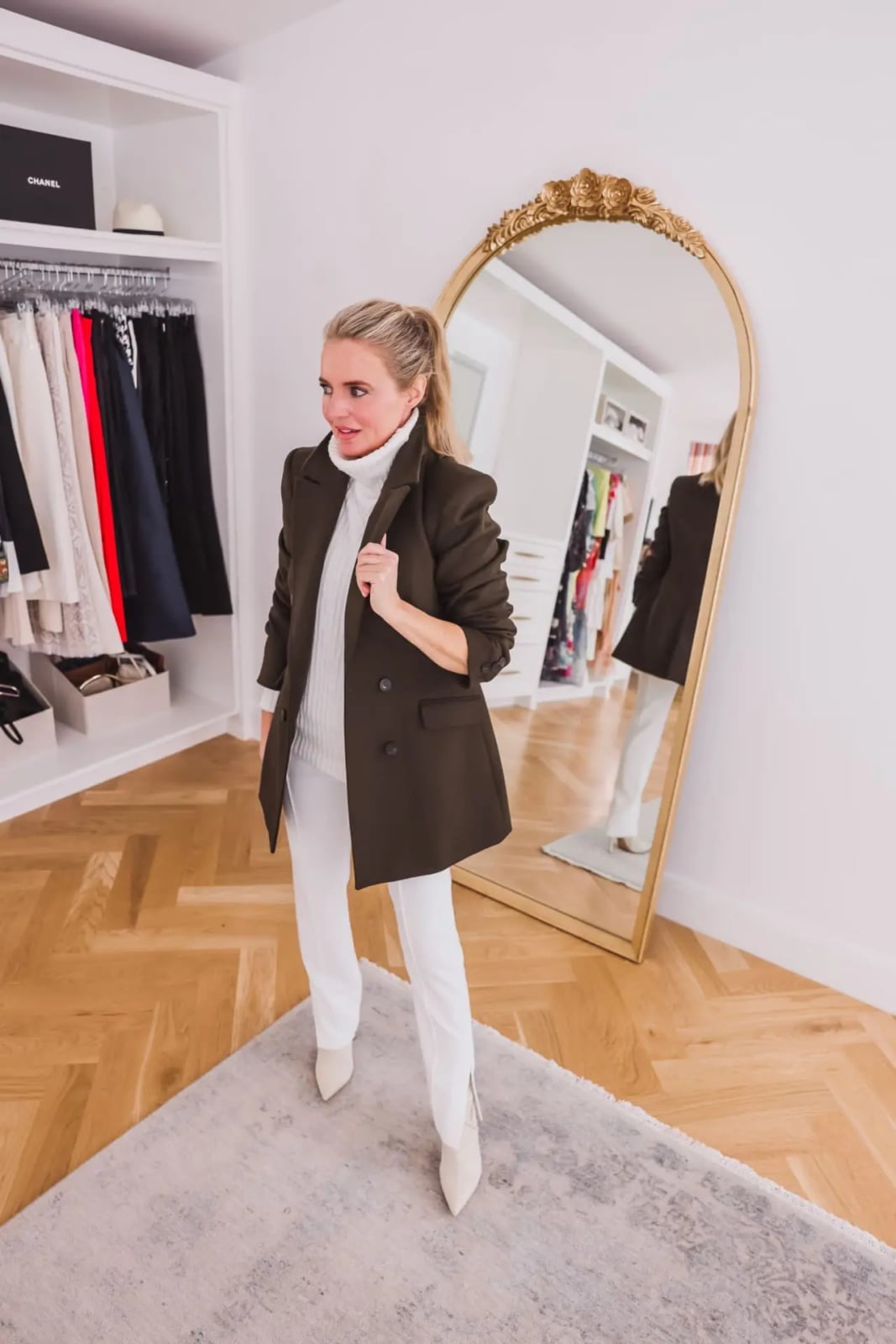Olive Green Double Breasted Blazer With White Turtleneck And Pants — Simple Oversized Blazer Outfits