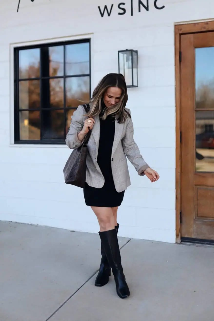 Gray Patterned Oversized Blazer With Black Mini Dress — Simple Oversized Blazer Outfits