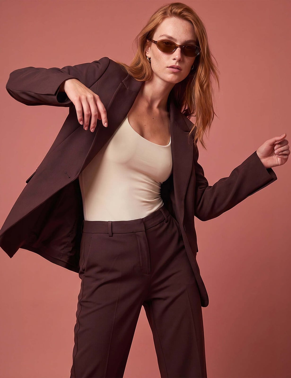 Brown Oversized Blazer With Cream Tank Top And Straight Leg Trousers — Simple Oversized Blazer Outfits