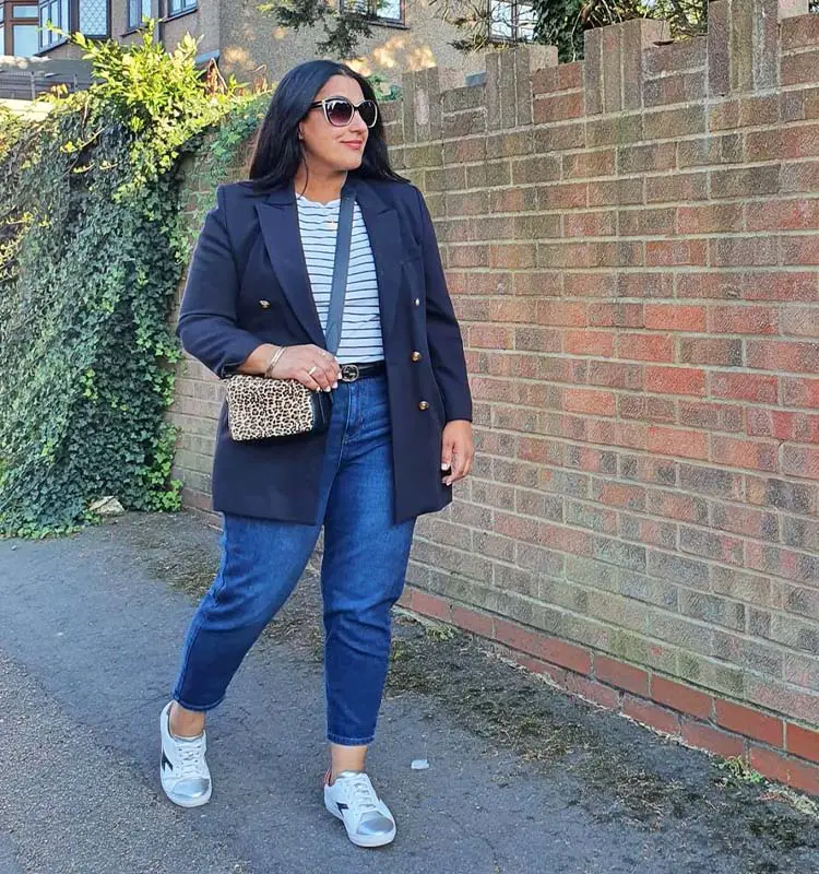 Navy Double Breasted Blazer With Striped T Shirt And Straight Leg — Simple Oversized Blazer Outfits