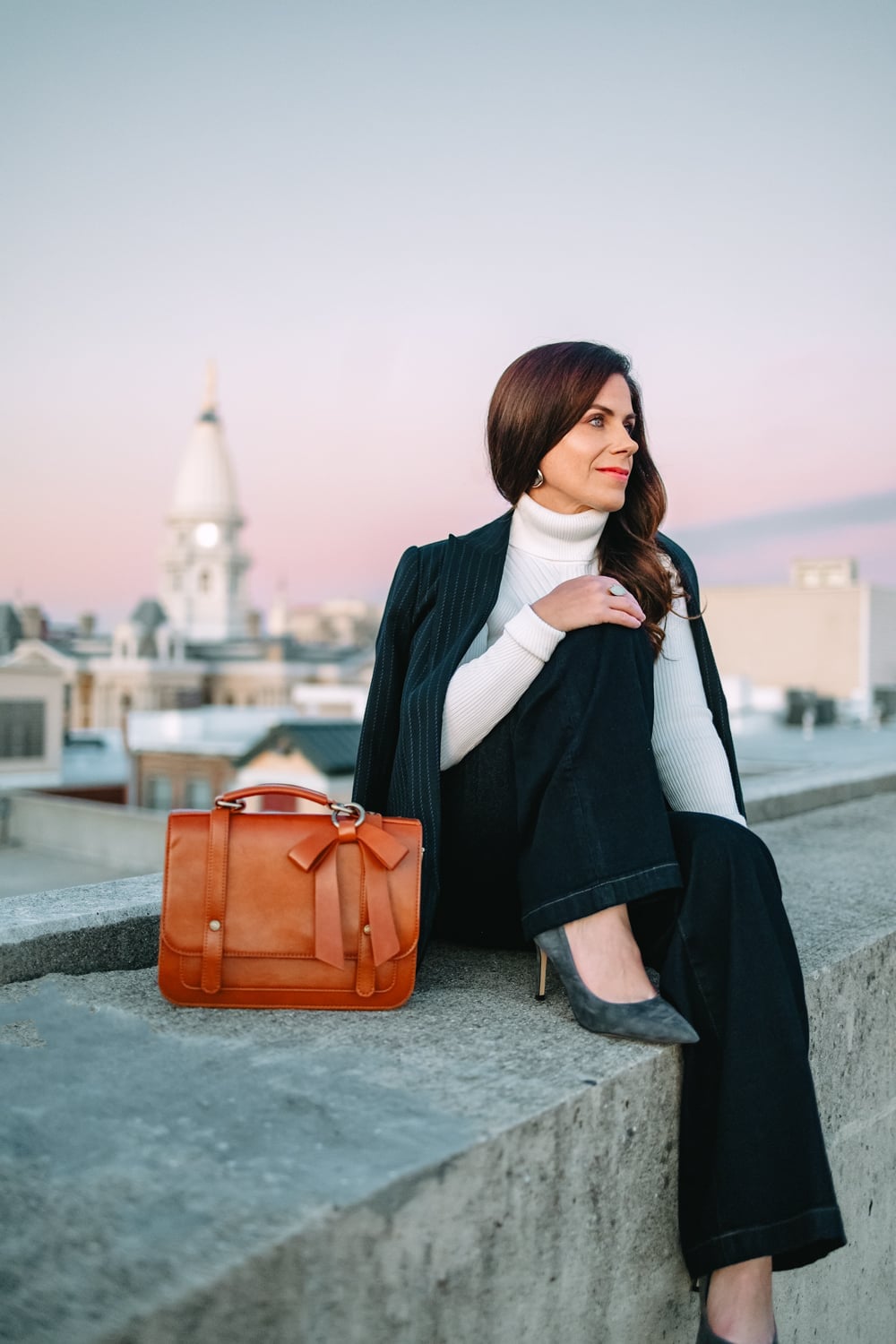 Navy Pinstripe Oversized Blazer With White Turtleneck And Wide Leg — Simple Oversized Blazer Outfits