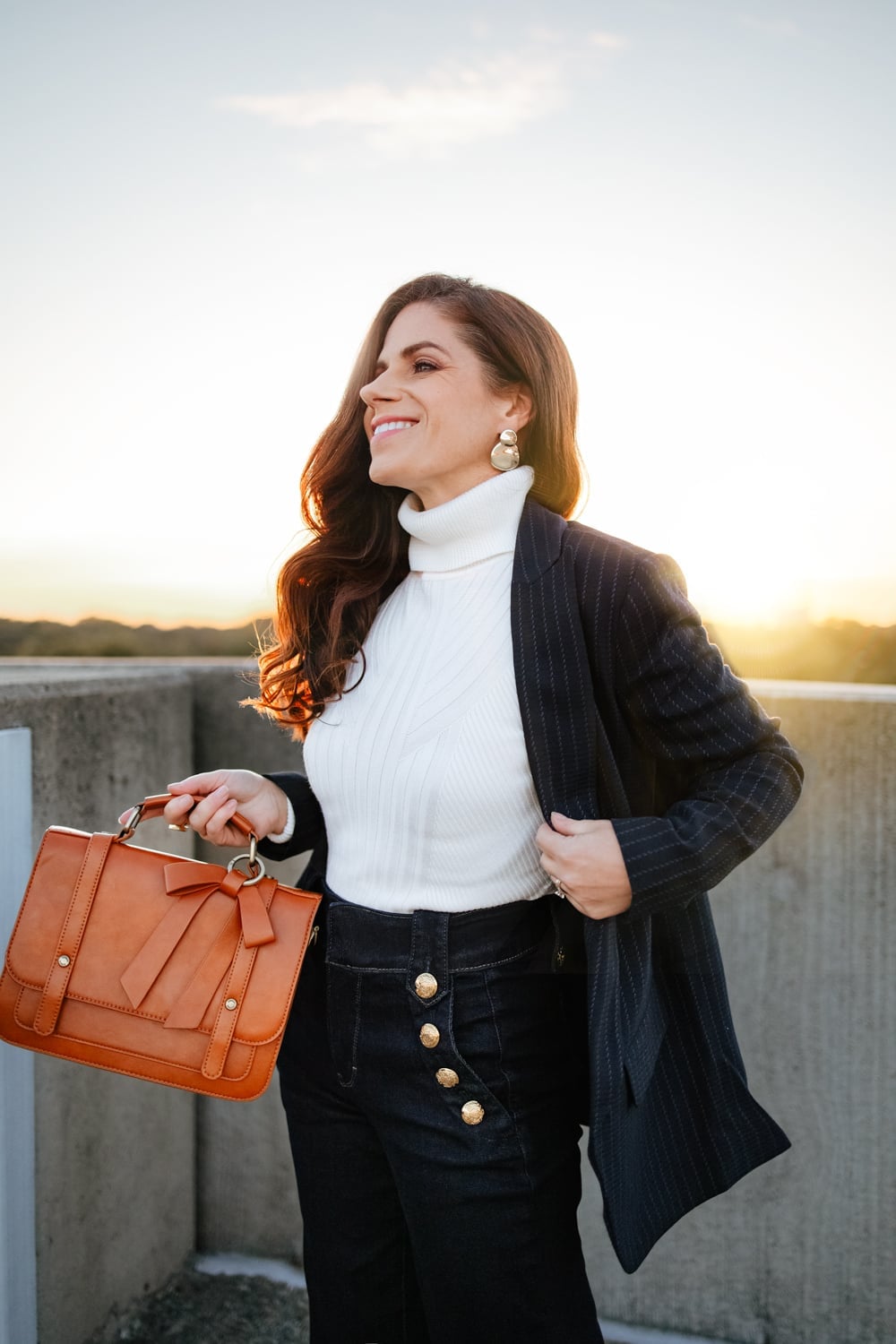 Navy Pinstripe Blazer With White Turtleneck And High Waisted Jeans — Simple Oversized Blazer Outfits