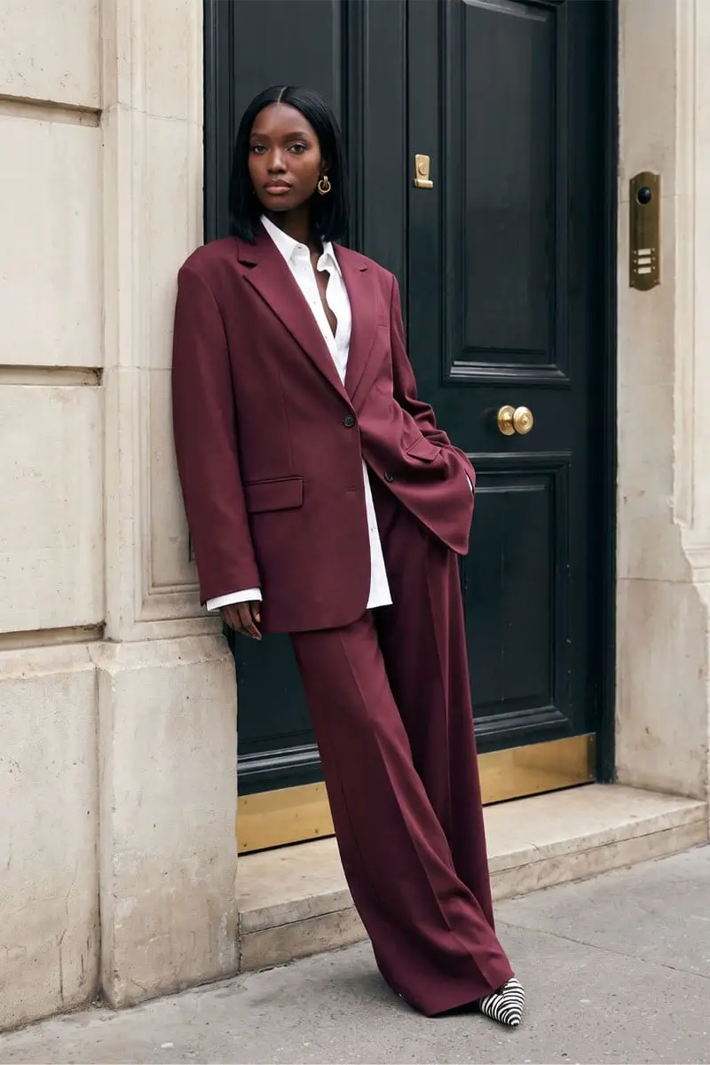Burgundy Oversized Blazer With White Shirt And Wide Leg Trousers — Simple Oversized Blazer Outfits