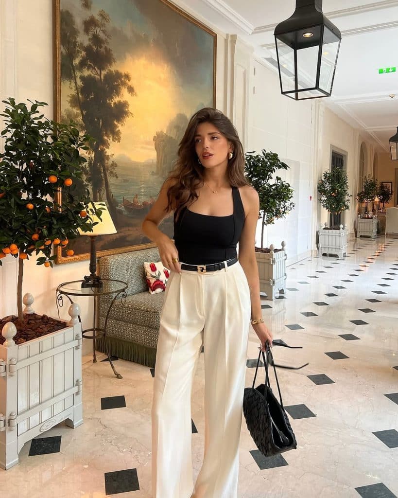 White Palazzo Pants With A Black Halter Top White Palazzo Pants With A Black Halter Top — Simple Palazzo Pants Outfits