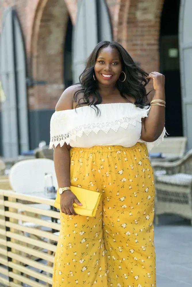 Yellow Floral Print Palazzo Pants With Off-Shoulder Top Yellow Floral Print Palazzo Pants With Off-Shoulder Top — Simple Palazzo Pants Outfits