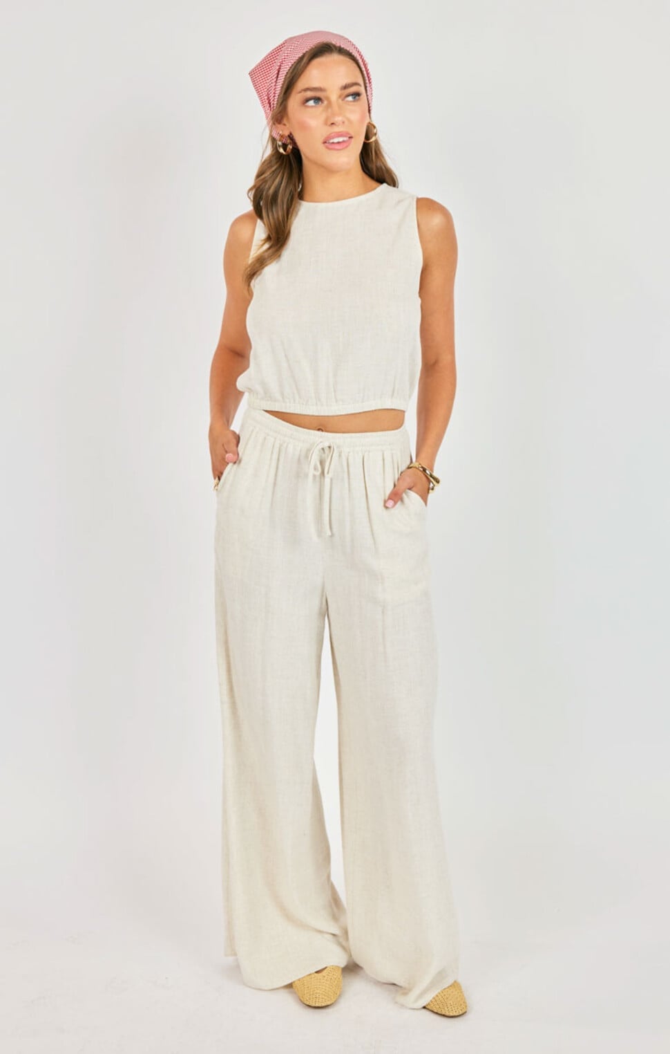 Cream Linen Set With Palazzo Pants And Headscarf Cream Linen Set With Palazzo Pants And Headscarf — Simple Palazzo Pants Outfits