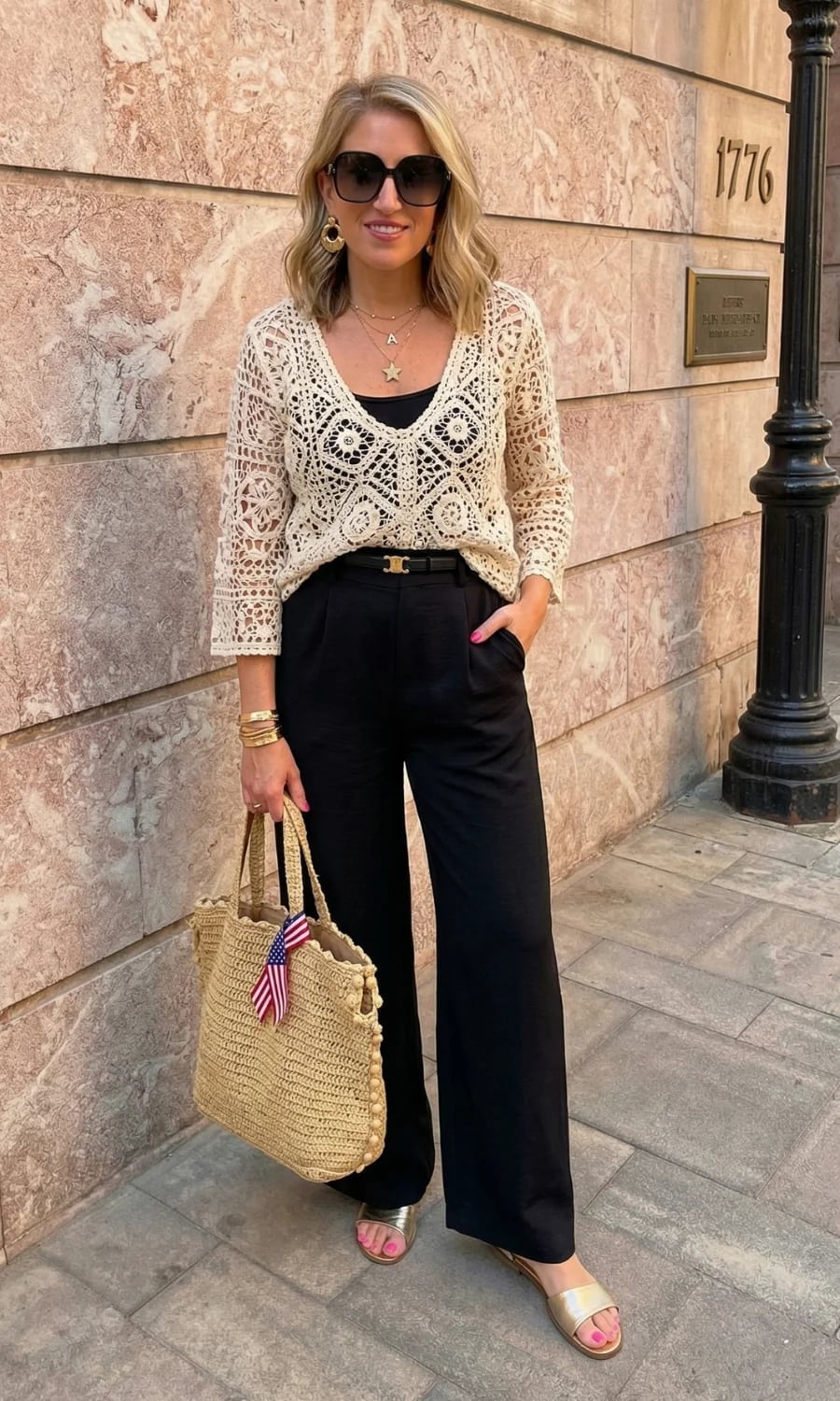 Black Palazzo Pants With Crochet Sweater And Gold Sandals Black Palazzo Pants With Crochet Sweater And Gold Sandals — Simple Palazzo Pants Outfits