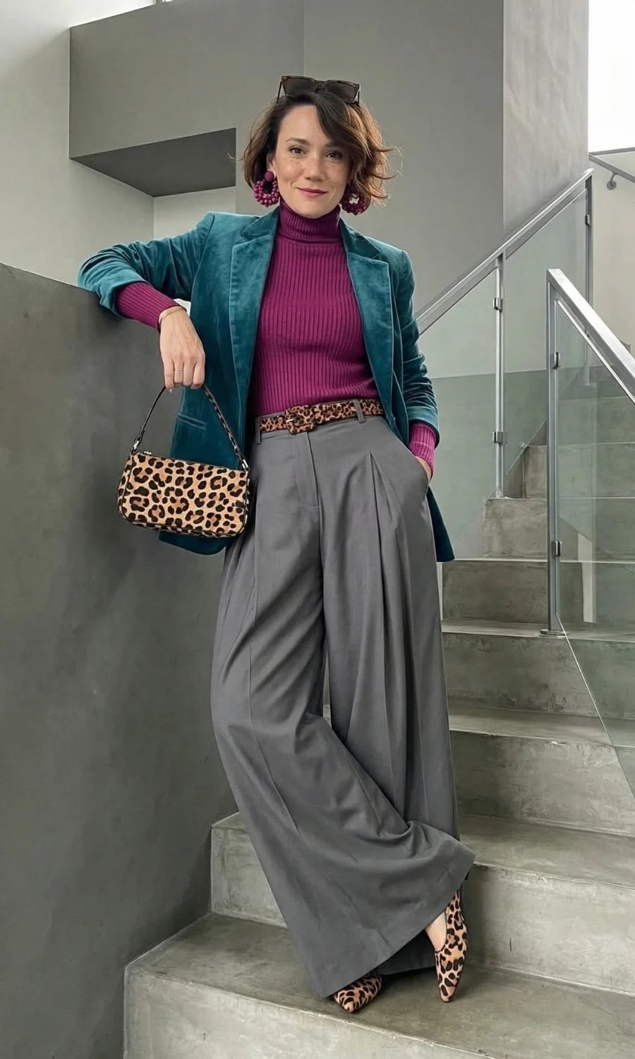 Gray Palazzo Pants With A Magenta Turtleneck And Velvet Blazer Gray Palazzo Pants With A Magenta Turtleneck And Velvet Blazer — Simple Palazzo Pants Outfits