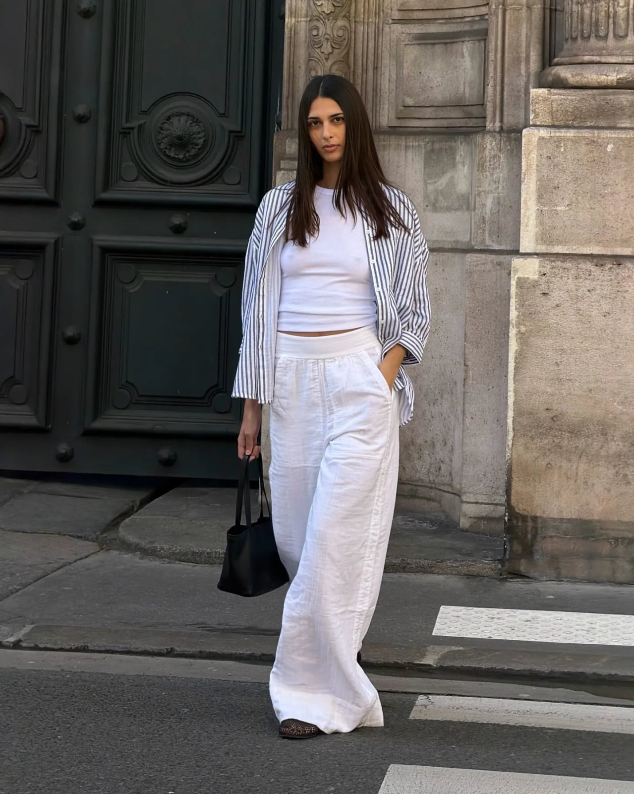 Flowing White Linen Trousers With Striped Shirt Flowing White Linen Trousers With Striped Shirt — Simple Palazzo Pants Outfits