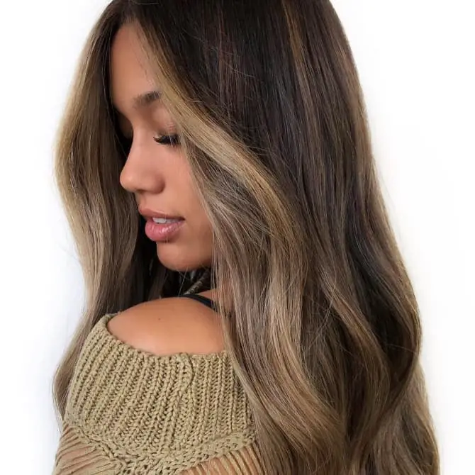 Mid-Back Layers Dark Brown Blonde Face-Framing Highlights, Wavy Mid-Back Layers Dark Brown Blonde Face-Framing Highlights, Wavy — Simple Partial Highlights