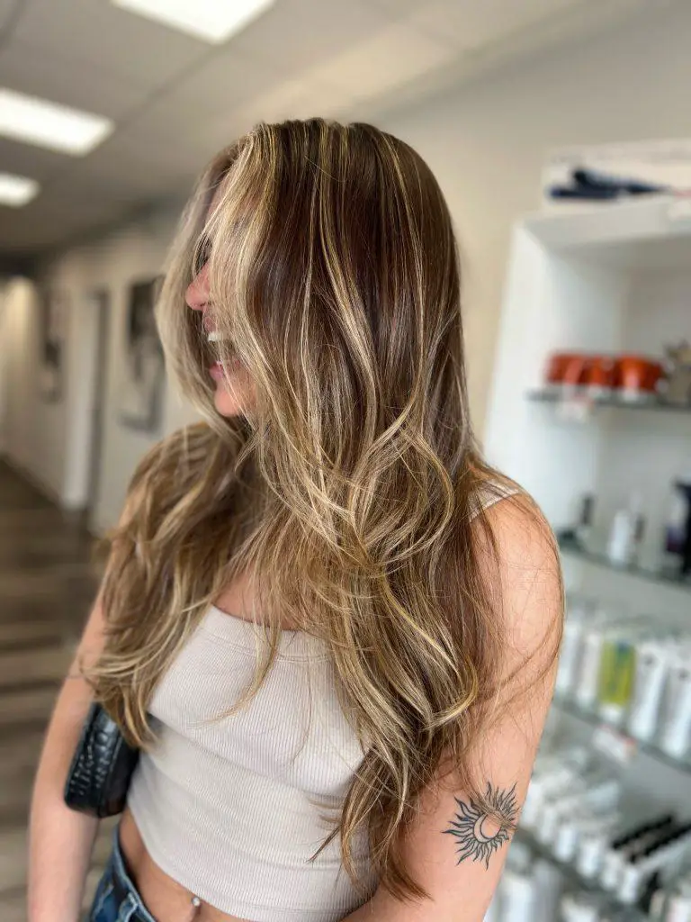 Mid-Back Long Layers Medium Brown Blonde Highlights, Wavy Mid-Back Long Layers Medium Brown Blonde Highlights, Wavy — Simple Partial Highlights