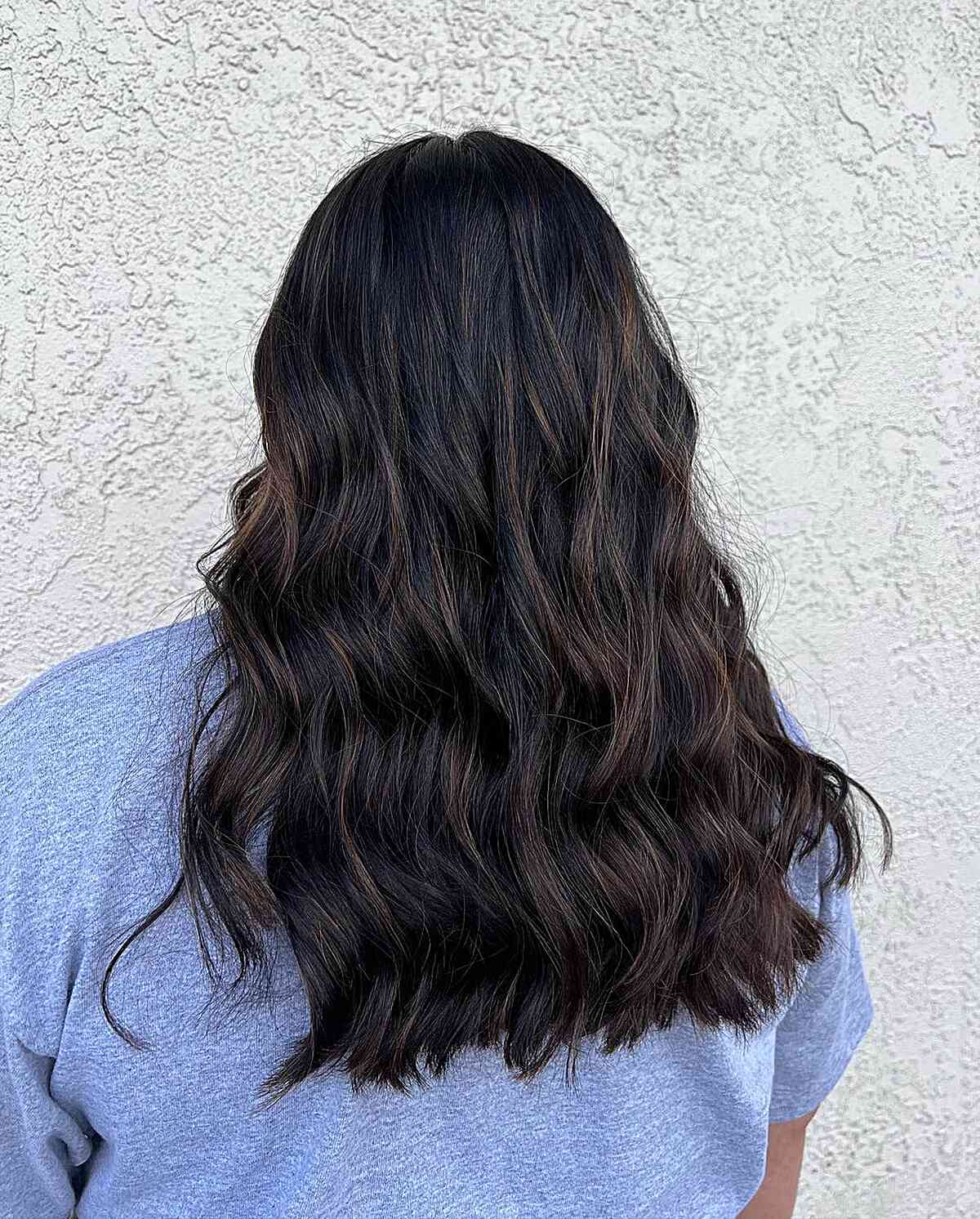 Mid-Back Dark Brown Lighter Brown Highlights Mid-Back Dark Brown Lighter Brown Highlights — Simple Partial Highlights