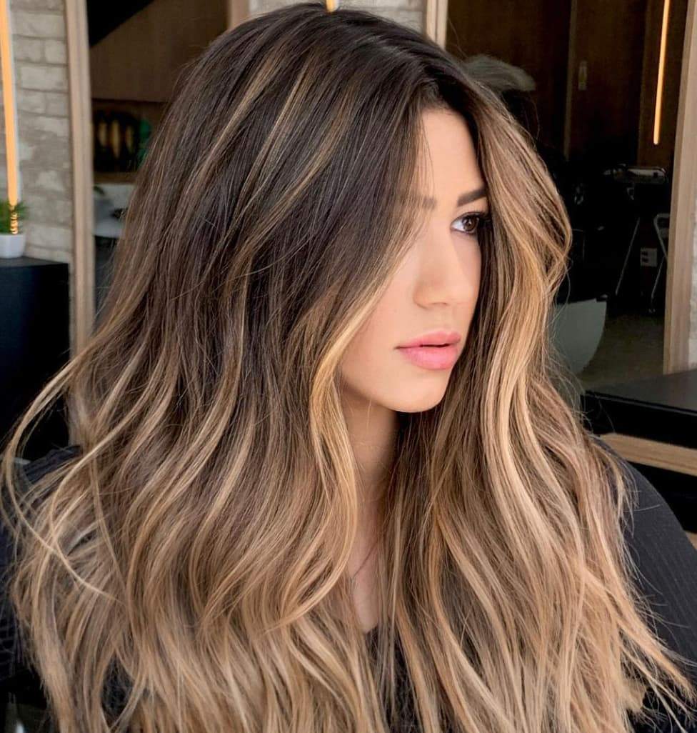 Mid-Back Layers Dark Brown Base Blonde Balayage, Close-Up Take Mid-Back Layers Dark Brown Base Blonde Balayage, Close-Up Take — Simple Partial Highlights