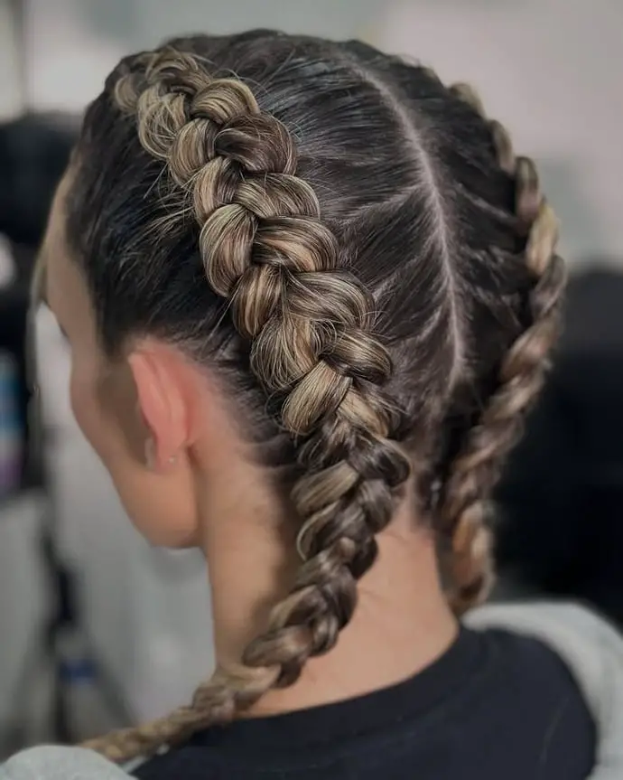 Two Thick Dutch Braids With Highlights Two Thick Dutch Braids With Highlights — Simple Parts Braids
