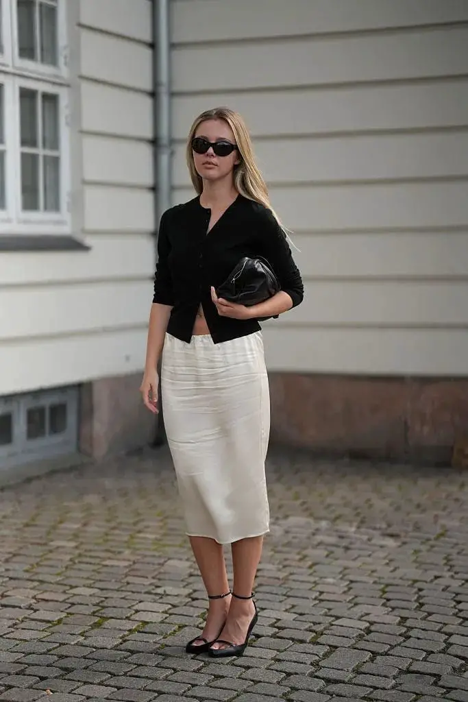 Cream Silk Pencil Skirt with Fitted Cardigan Cream Silk Pencil Skirt with Fitted Cardigan — Simple Pencil Skirt Outfits