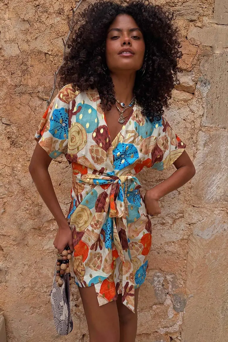 Wrap Dress with Vibrant Print and Layered Necklaces Wrap Dress with Vibrant Print and Layered Necklaces — Simple Petite Outfits