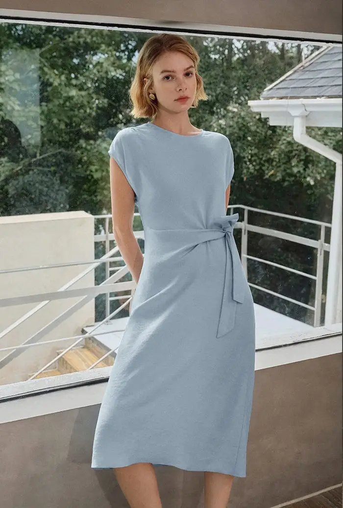 Light Blue Midi Dress with Tie Waist Light Blue Midi Dress with Tie Waist — Simple Petite Outfits