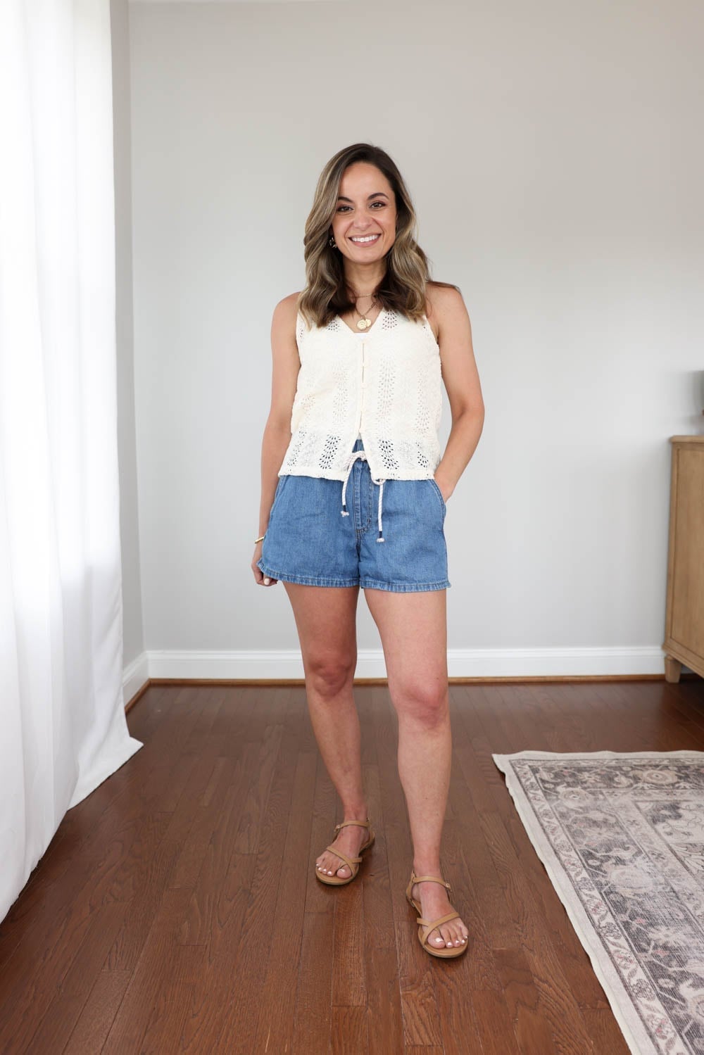 Crochet Top with Denim Shorts and Tan Sandals Crochet Top with Denim Shorts and Tan Sandals — Simple Petite Outfits