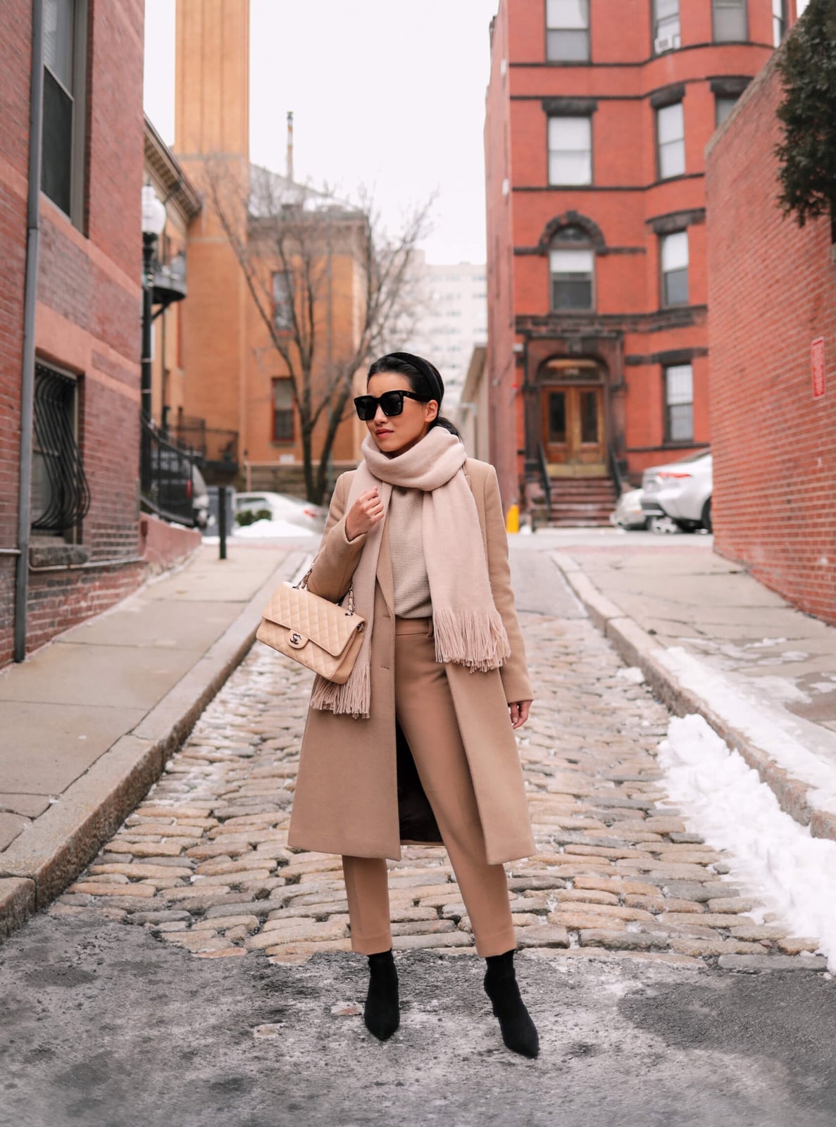 Camel Coat and Trousers with Beige Scarf Camel Coat and Trousers with Beige Scarf — Simple Petite Outfits