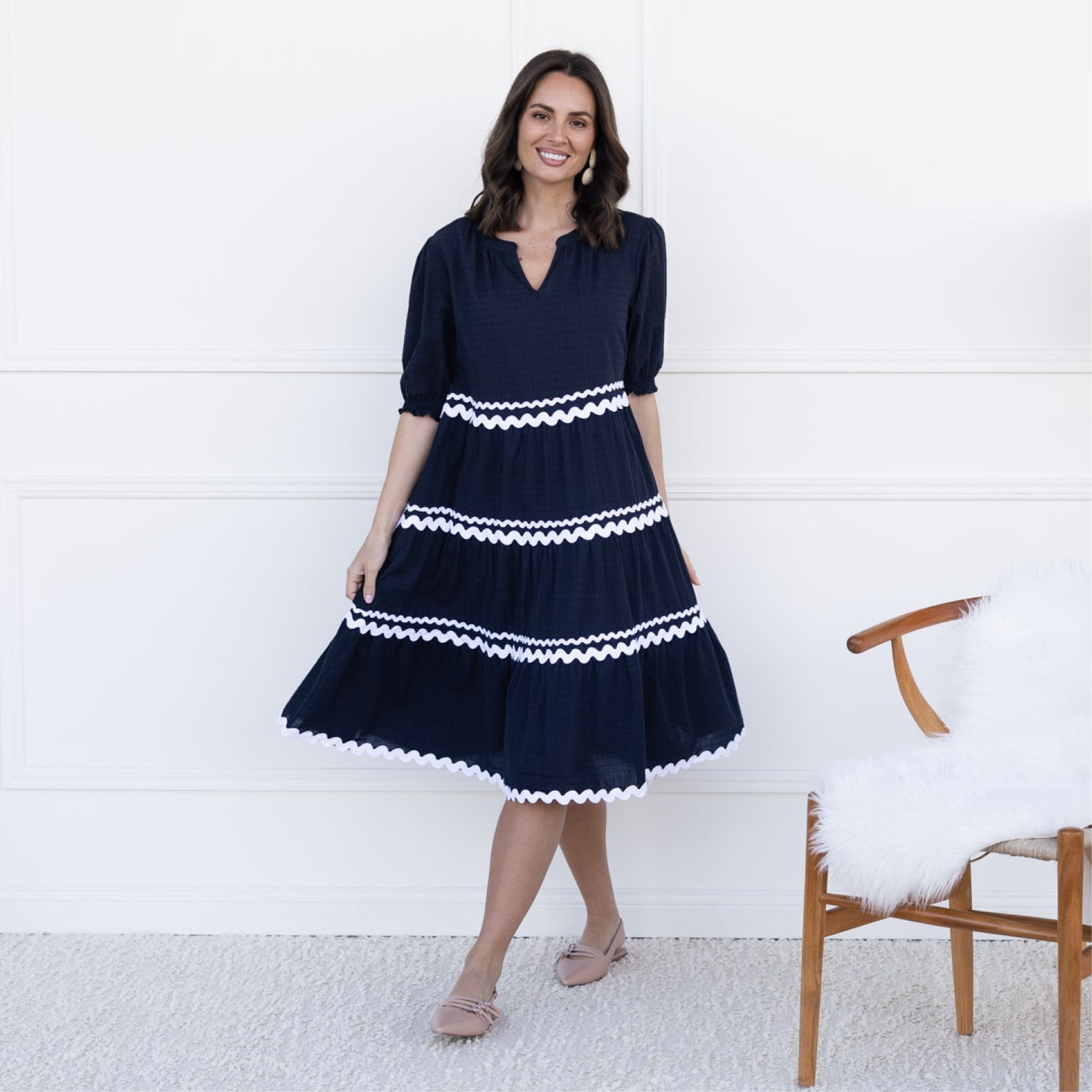Navy Tiered Midi Dress with White Trim Navy Tiered Midi Dress with White Trim — Simple Petite Outfits