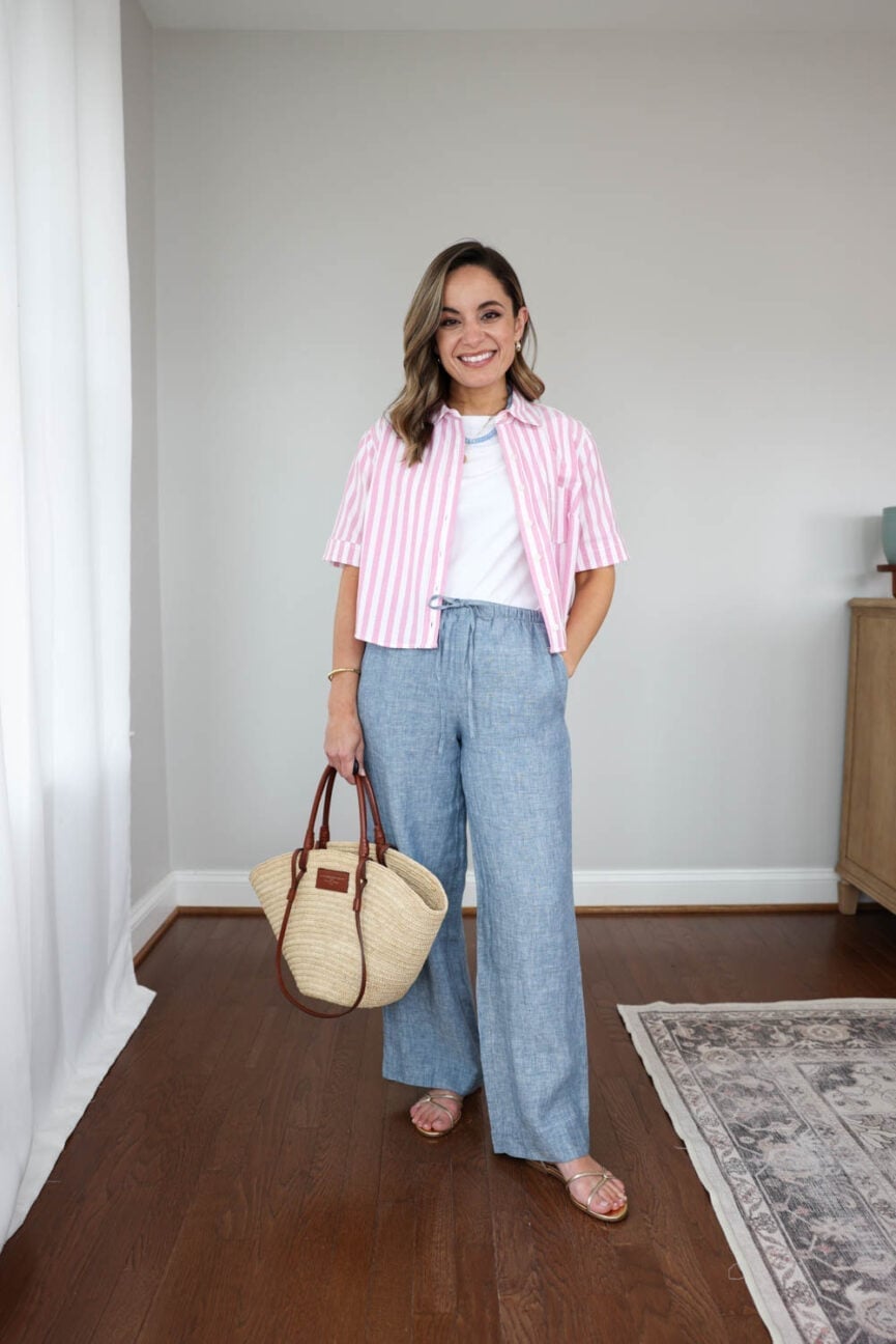 Striped Shirt with Linen Wide-Leg Trousers Striped Shirt with Linen Wide-Leg Trousers — Simple Petite Outfits