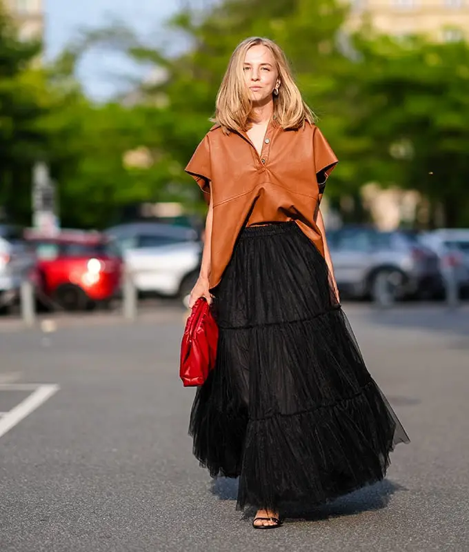 Leather Shirt with Tiered Tulle Maxi Skirt Leather Shirt with Tiered Tulle Maxi Skirt — Simple Petite Outfits