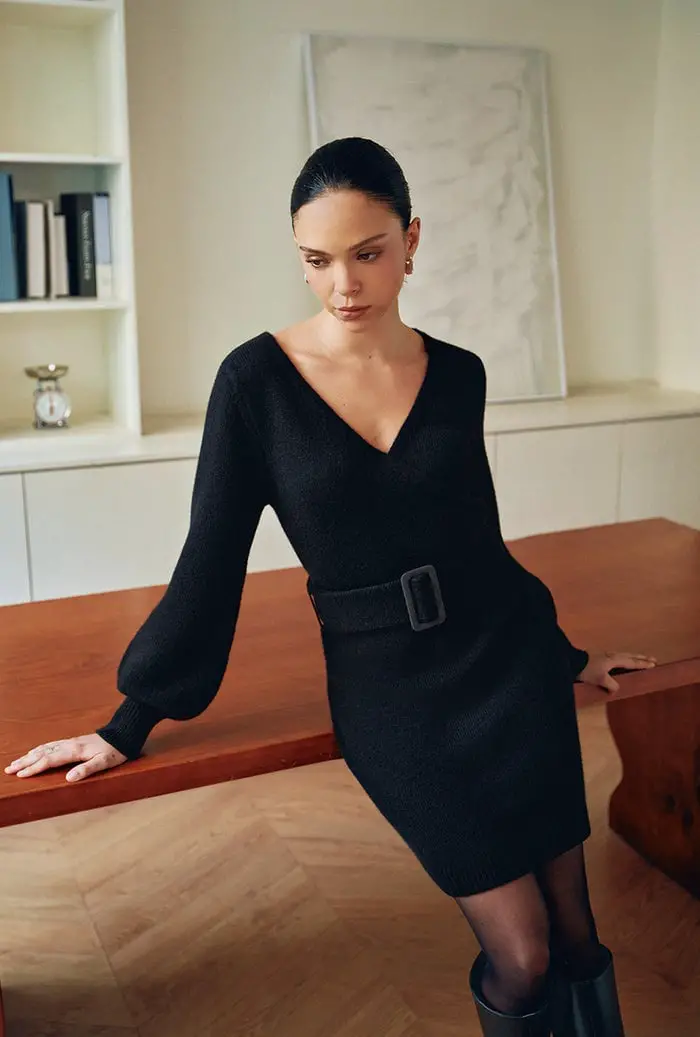 Knit Wrap Dress with Balloon Sleeves and Knee-High Boots Knit Wrap Dress with Balloon Sleeves and Knee-High Boots — Simple Petite Outfits
