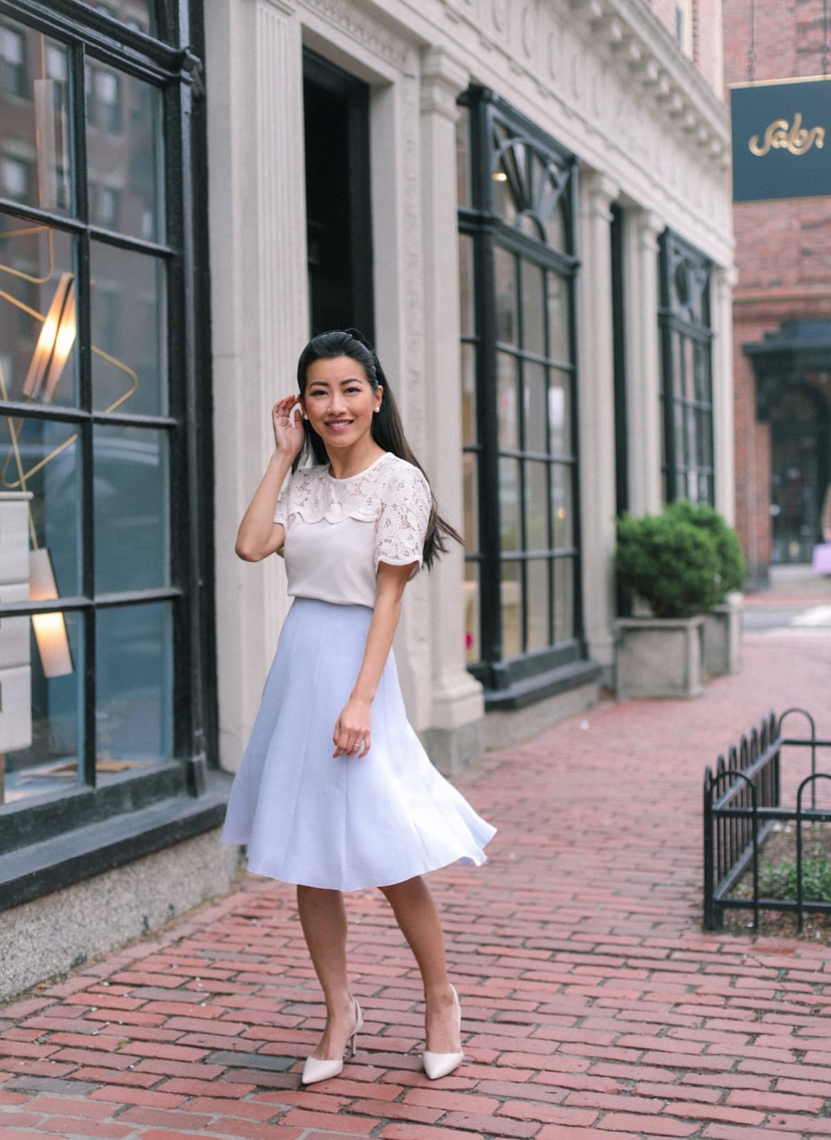 Pale Blue Pleated Skirt with Lace-Trimmed Blouse Pale Blue Pleated Skirt with Lace-Trimmed Blouse — Simple Petite Outfits