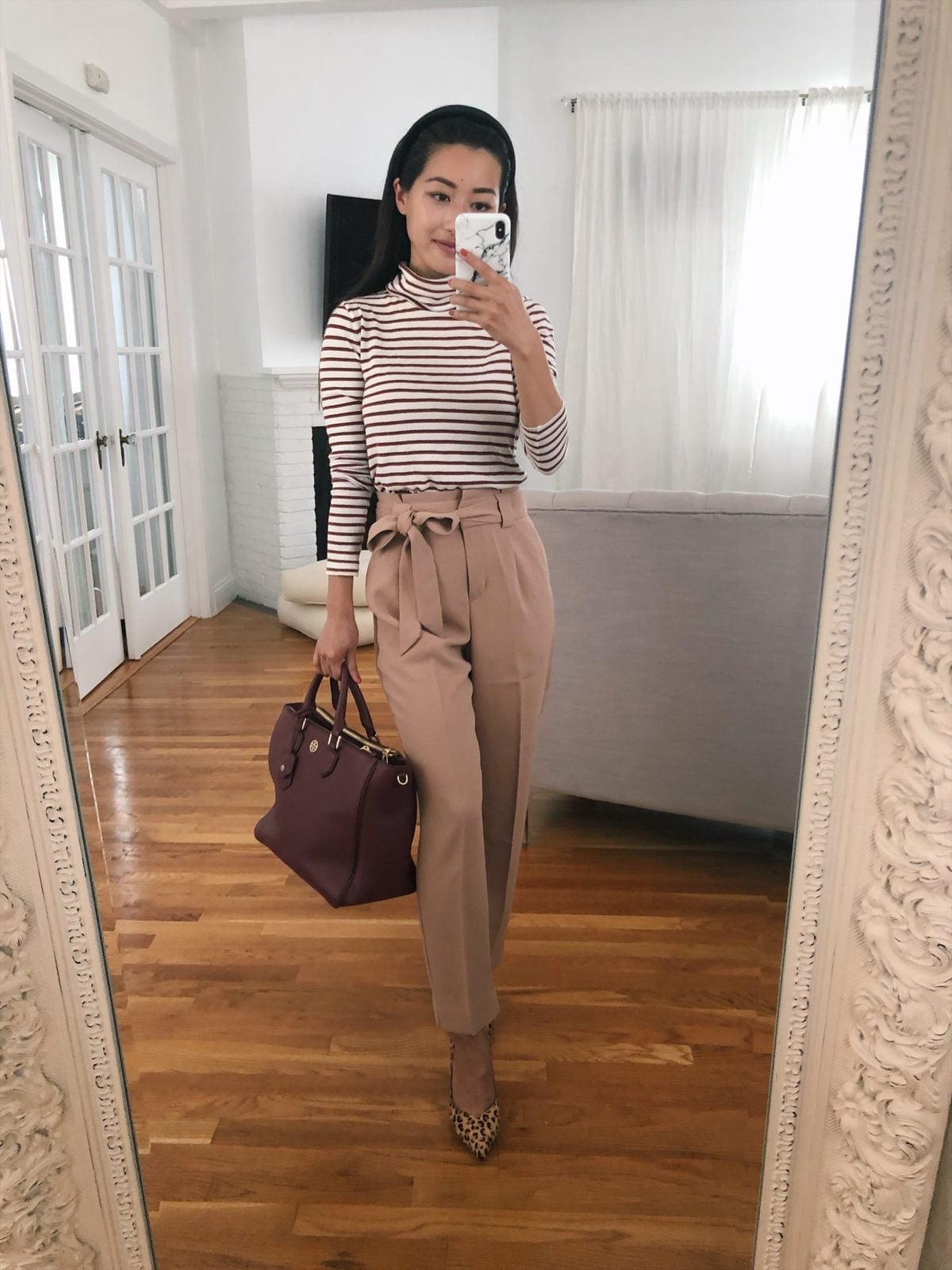 Striped Turtleneck with Paperbag Waist Trousers Striped Turtleneck with Paperbag Waist Trousers — Simple Petite Outfits