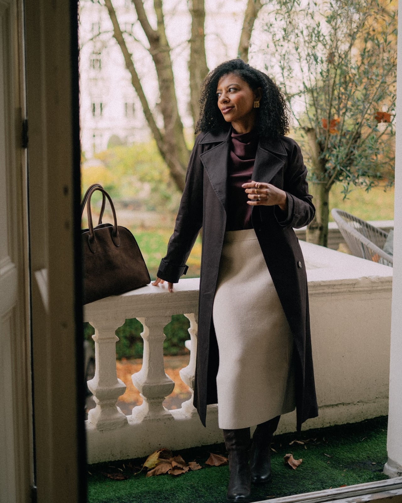 Longline Trench Coat with Ribbed Knit Skirt Longline Trench Coat with Ribbed Knit Skirt — Simple Petite Outfits