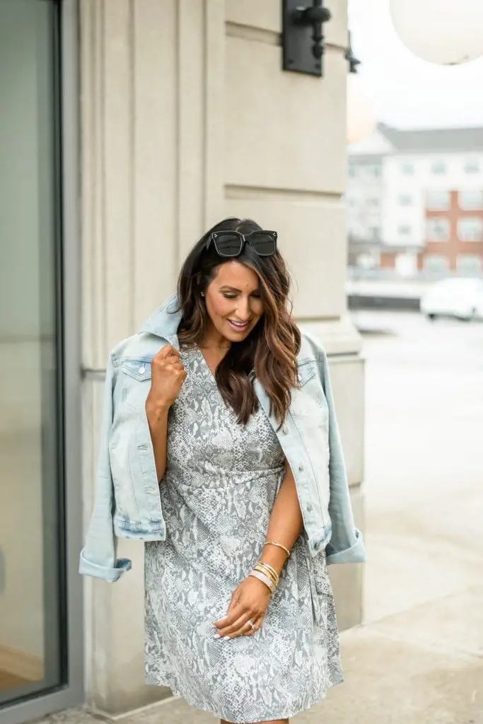 Snake Print Wrap Dress with Denim Jacket — Simple Photoshoot Outfits