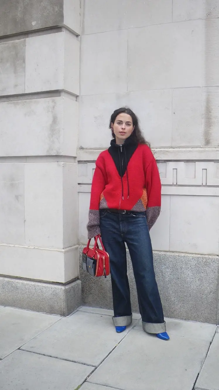 Red Zip-Up Jacket with Gray Knit Sleeves — Simple Photoshoot Outfits