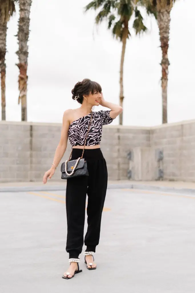 Zebra Print One-Shoulder Crop Top with Joggers — Simple Photoshoot Outfits
