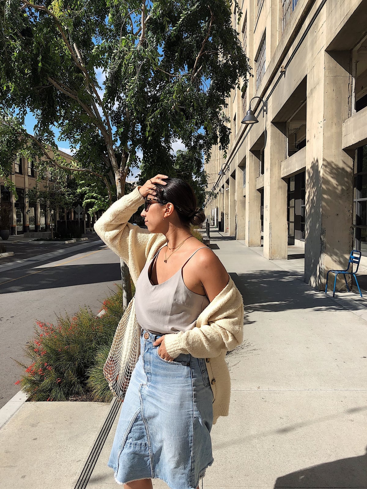 Cream Knit Cardigan with Distressed Denim Skirt — Simple Photoshoot Outfits