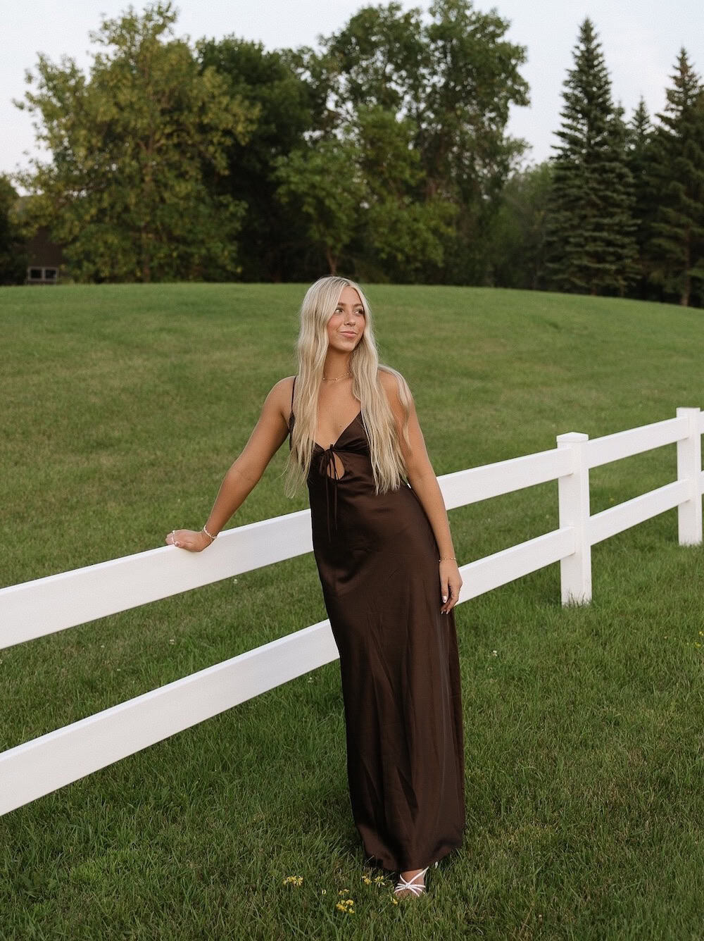 Brown Satin Slip Dress with Cutout and White Strappy Sandals — Simple Photoshoot Outfits