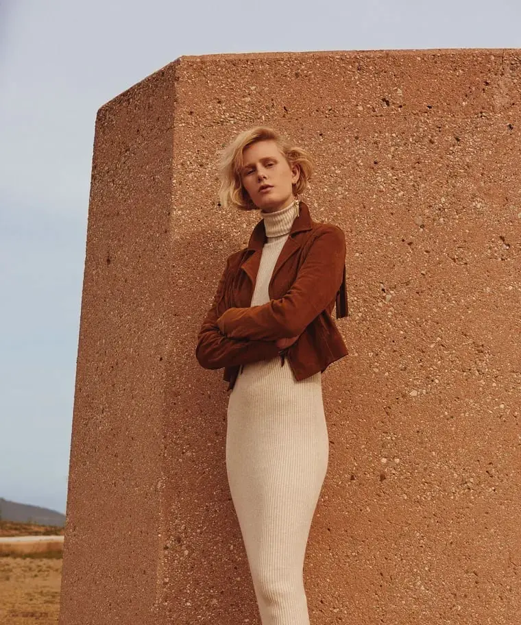 Cream Knit Turtleneck Dress with Brown Suede Jacket — Simple Photoshoot Outfits