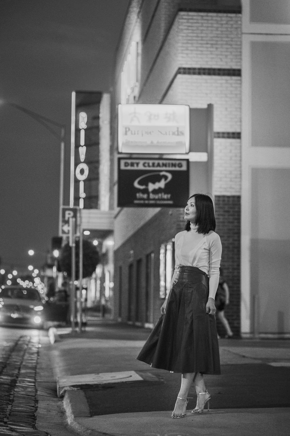 Gray Long-Sleeve Top with Leather Midi Skirt — Simple Photoshoot Outfits