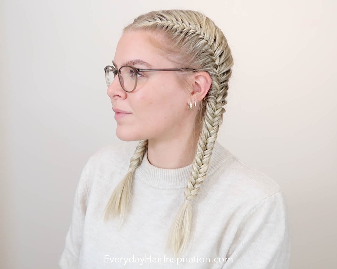 Mid-Back Wavy Blonde Fishtail Braids, Close-Up Take Mid-Back Wavy Blonde Fishtail Braids, Close-Up Take — Simple Pigtails Braids